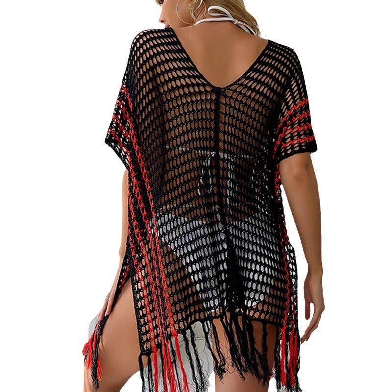 Damen luftiger Häkel-Strandüberwurf mit fransigen Details Drune