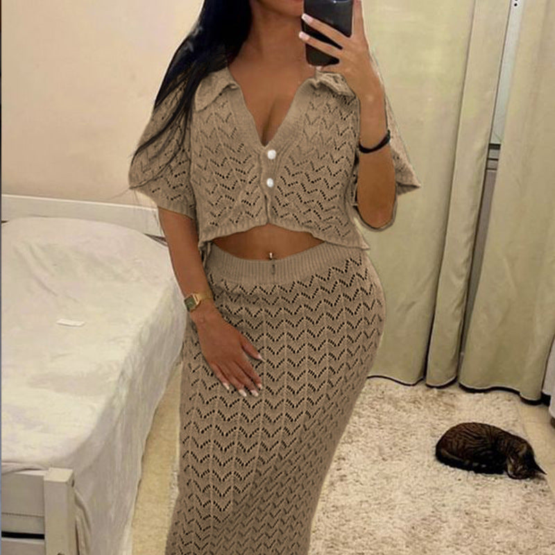 Damen Strick-Kleid mit hohen Seitenschlitzen und modischem Lochmuster Drune