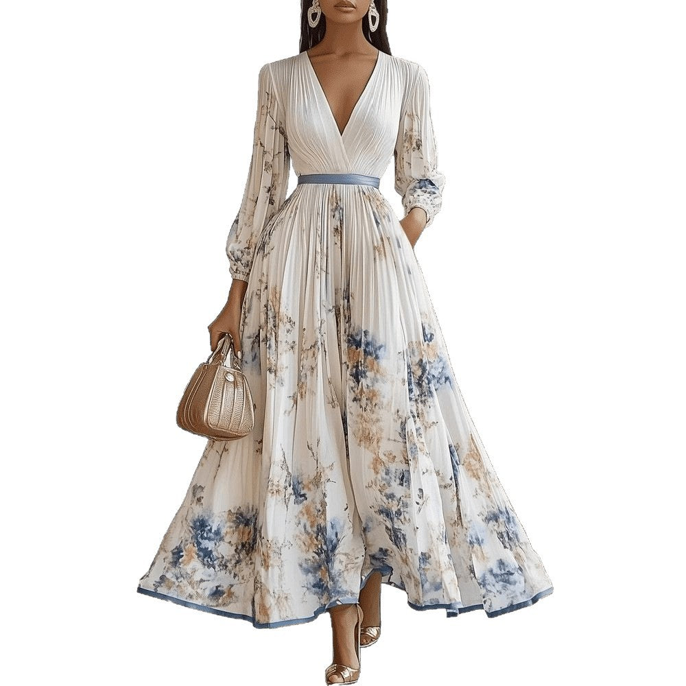 Pauline | Damen Sommer Blumen Maxikleid mit V-Ausschnitt und Langarm