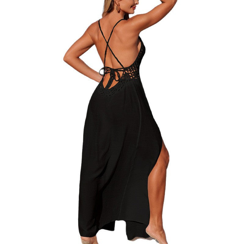 Damen Maxikleid mit filigranem Häkelmuster und hohem Schlitz Drune