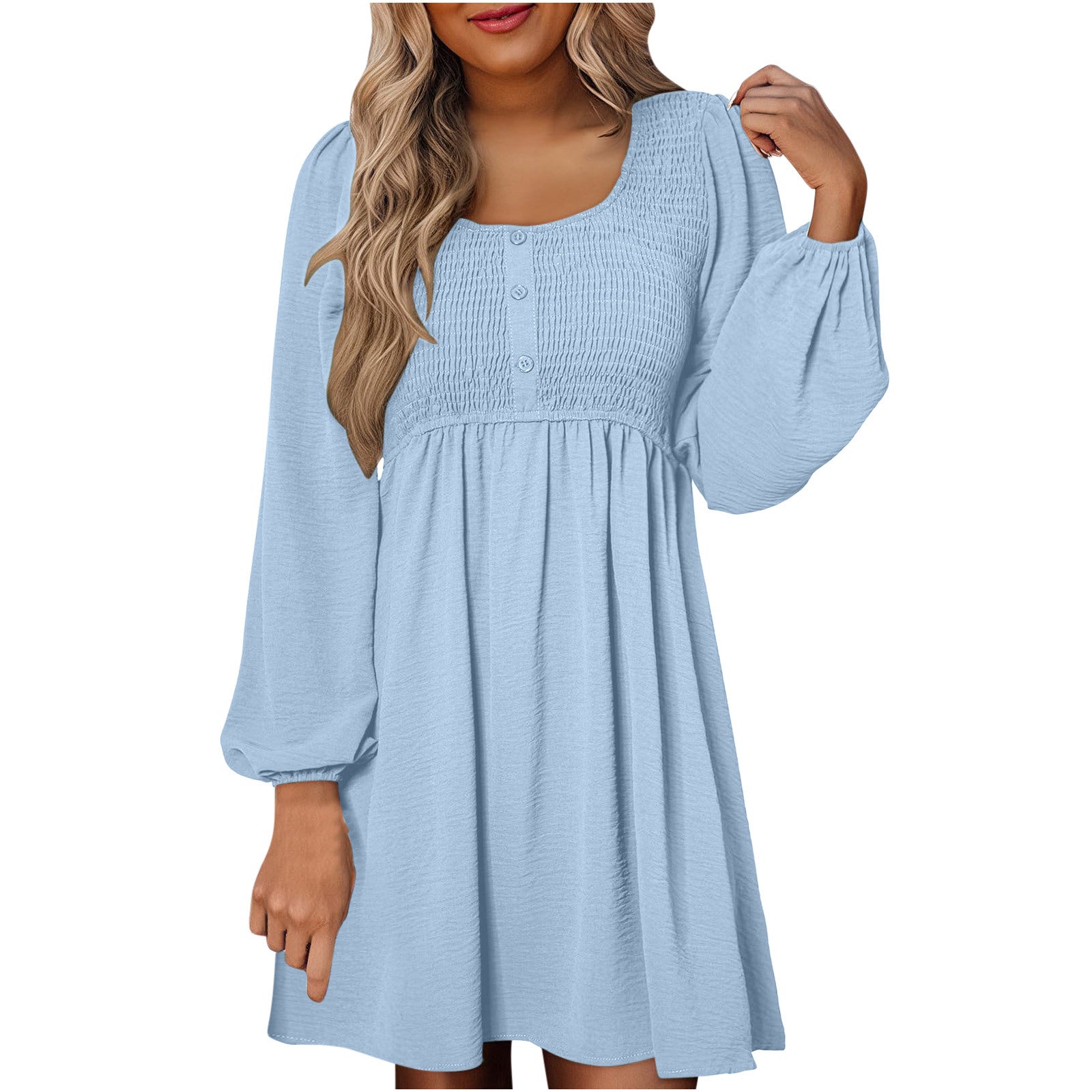 Rosa | Damen Minikleid Smok-Oberteil Eckiger Ausschnitt Langarm