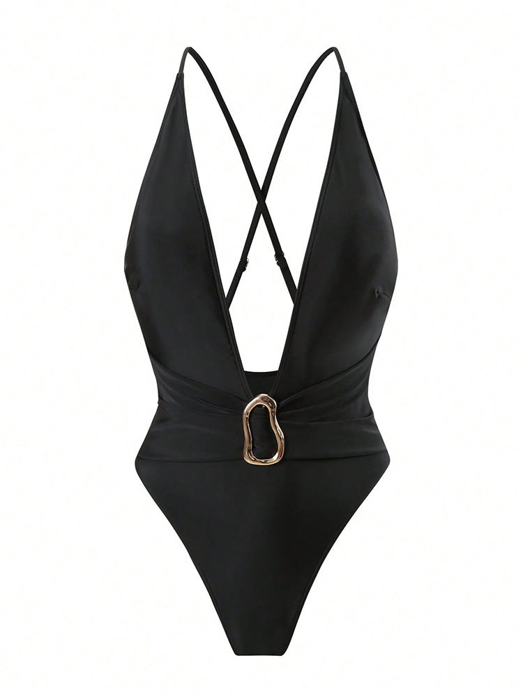 Damen Einteiler Badeanzug mit tiefem V-Ausschnitt und elegantem Gürtel Drune