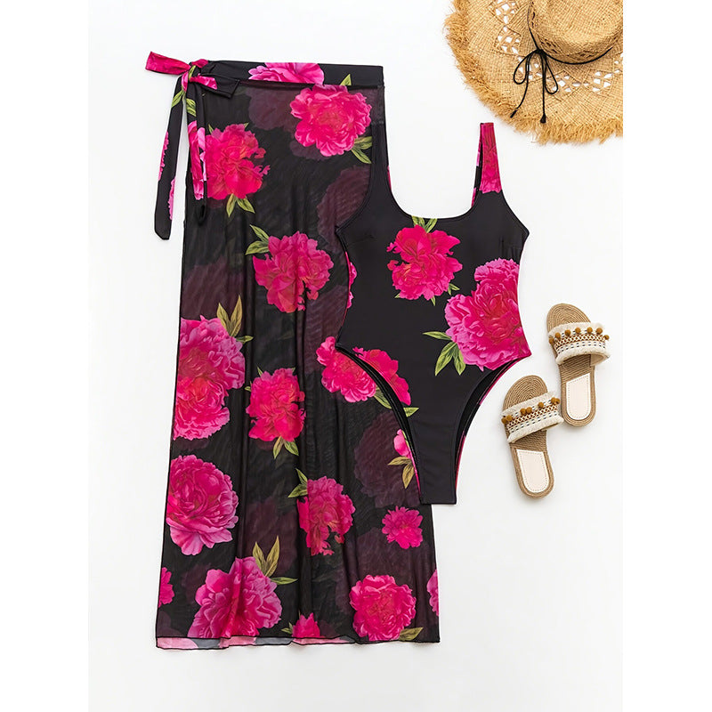 Damen Einteiler Badeanzug mit floralem Cover-Up Drune