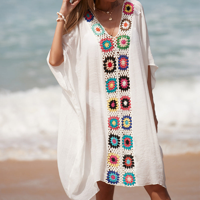 Damen Häkel-Strandtunika im lässigen Oversize-Stil mit bunten Applikationen Drune