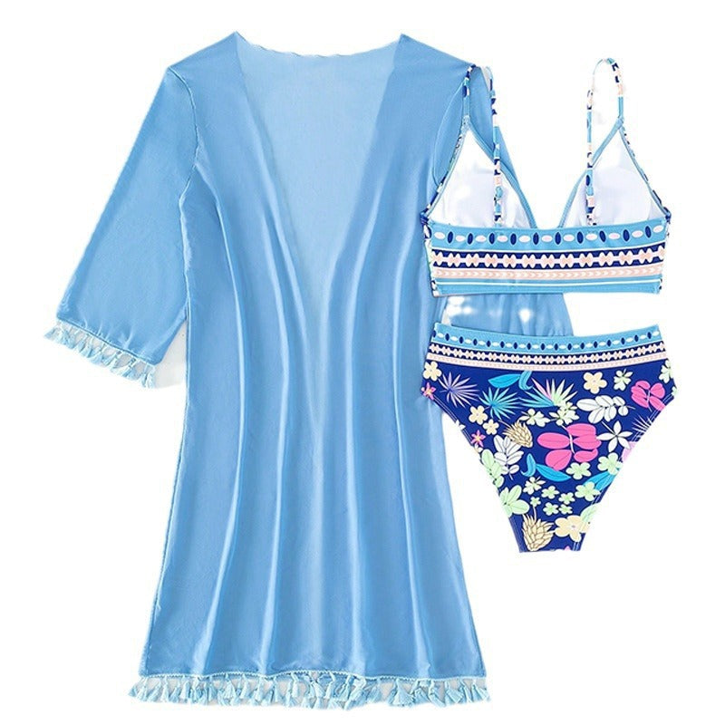 Damen Bikini-Set mit floralem Oberteil und eleganter Wickeljacke Drune