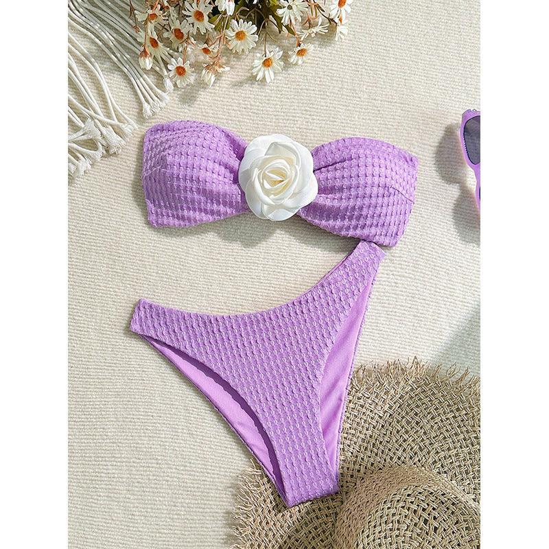 Damen Bandeau-Bikini mit dekorativen Blumendetails und hohem Beinausschnitt Drune
