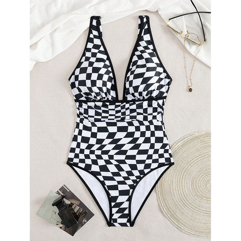 Damen Einteiler Badeanzug mit aufregendem Schachbrettmuster und figurbetonendem Design Drune