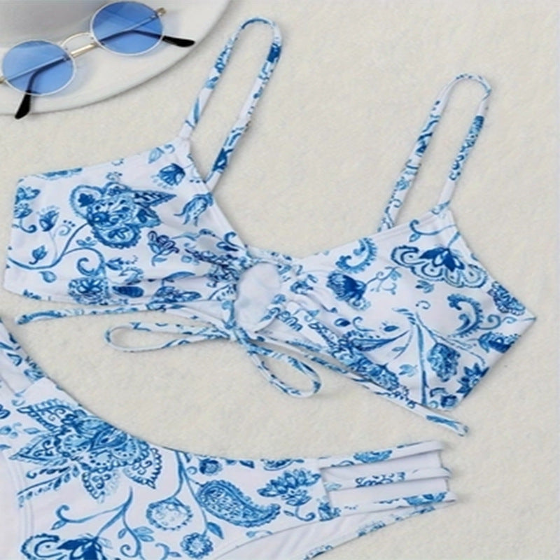 Damen Bikini-Set mit floralem Wickeldetail und hochgeschnittenem Slip Drune