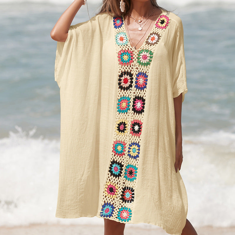 Damen Häkel-Strandtunika im lässigen Oversize-Stil mit bunten Applikationen Drune