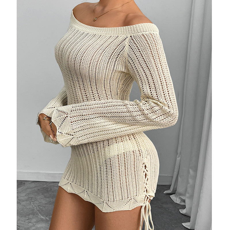 Damen Strickkleid im modernen Off-Shoulder Design mit weiten Ärmeln und Raffungen Drune