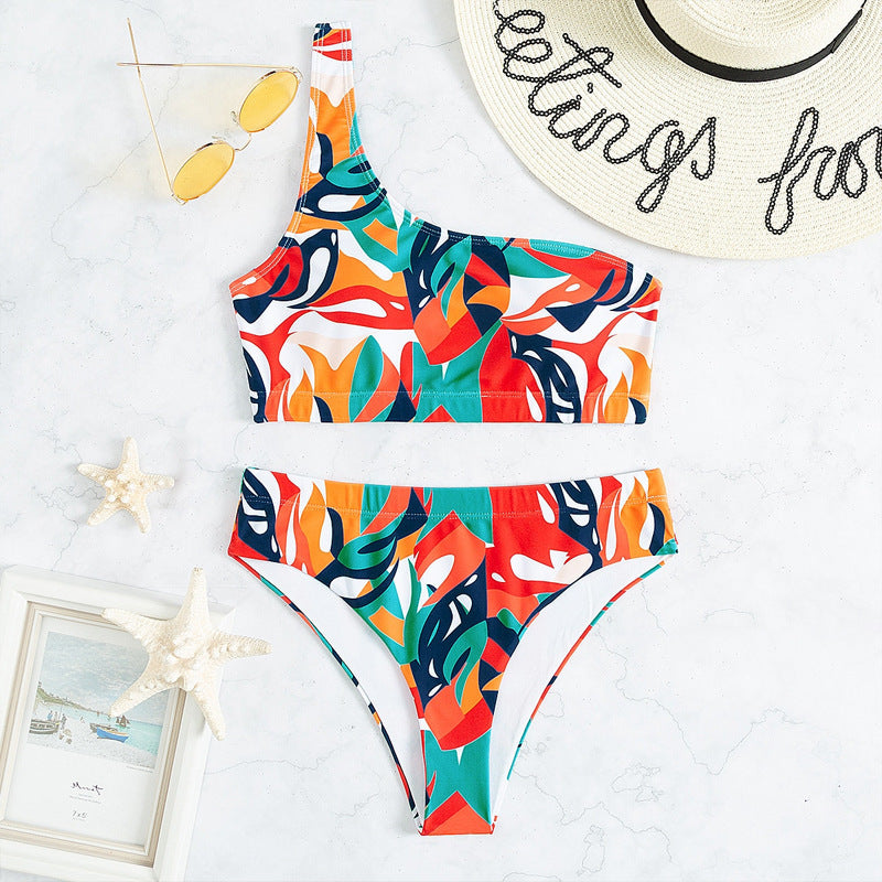 Damen Einseitiger Bikini mit geometrischem Muster und hoch geschnittenem Slip Drune