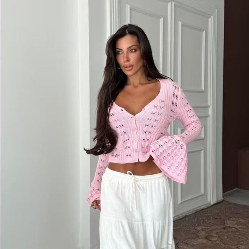 Damen Stylische Strickjacke mit V-Ausschnitt und Schlagärmeln Drune