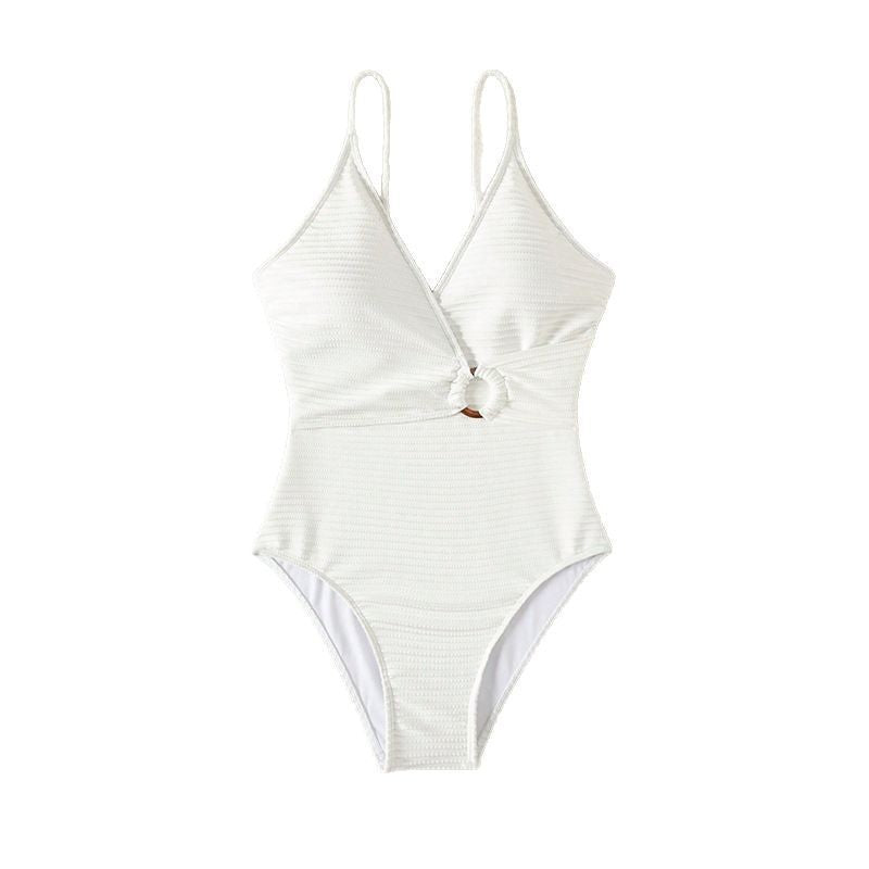 Damen Einteiler Badeanzug mit tiefem V-Ausschnitt und stylishen Knoten-Detail Drune