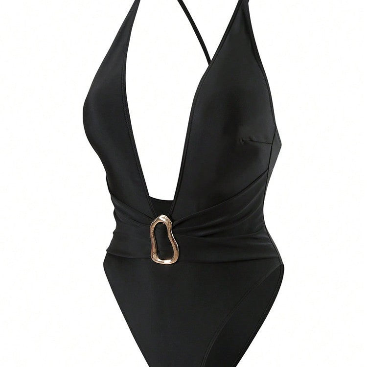 Damen Einteiler Badeanzug mit tiefem V-Ausschnitt und elegantem Gürtel Drune