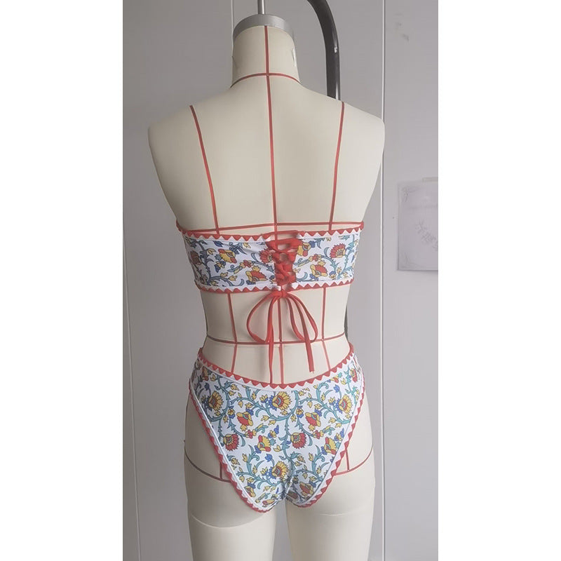 Damen Bandeau-Bikini mit floralem Muster und doppeltem Bortenabschluss Drune