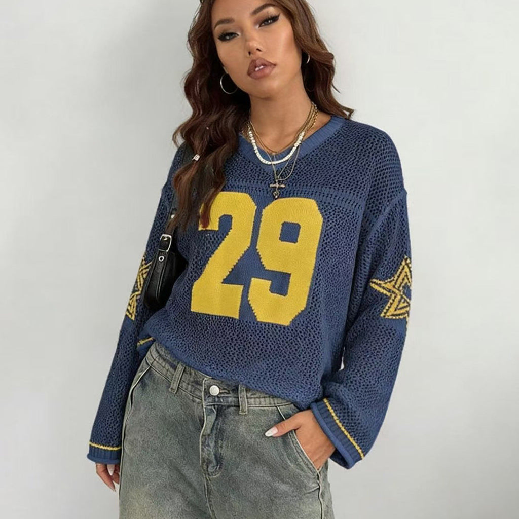 Damen Sportlicher Oversized Pullover mit Motivstickerei Drune