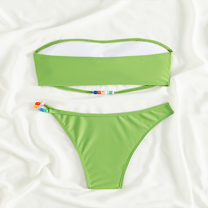 Damen Bandeau-Bikini-Set mit farbenfroher Schnürung und hohem Beinausschnitt Drune
