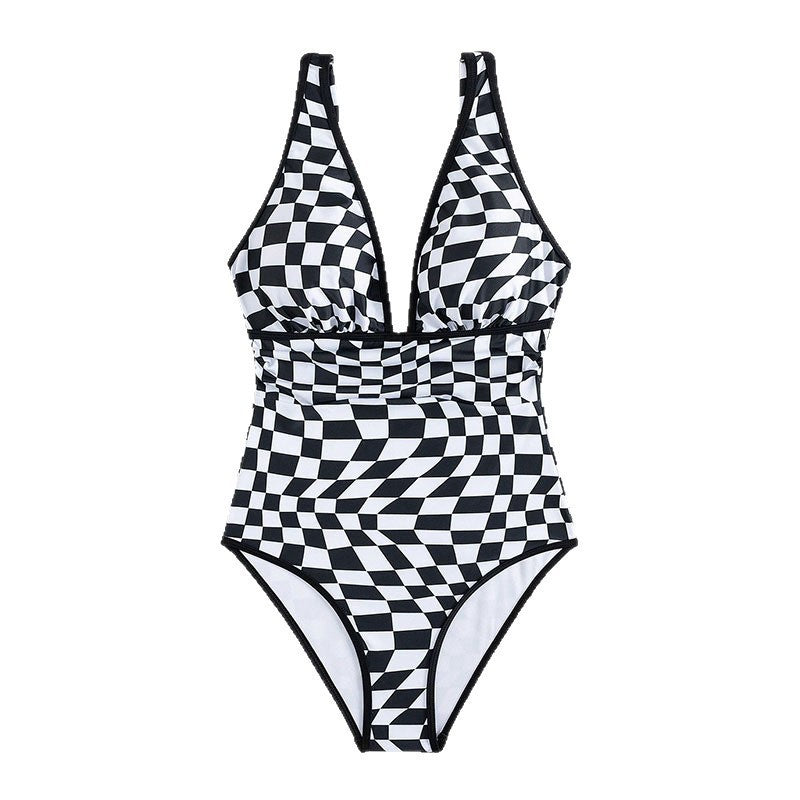 Damen Einteiler Badeanzug mit aufregendem Schachbrettmuster und figurbetonendem Design Drune