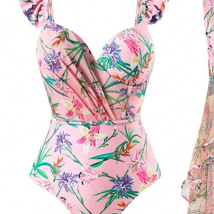 Damen Einteiler Badeanzug mit Rüschendetails und floralem Wickelrock Drune