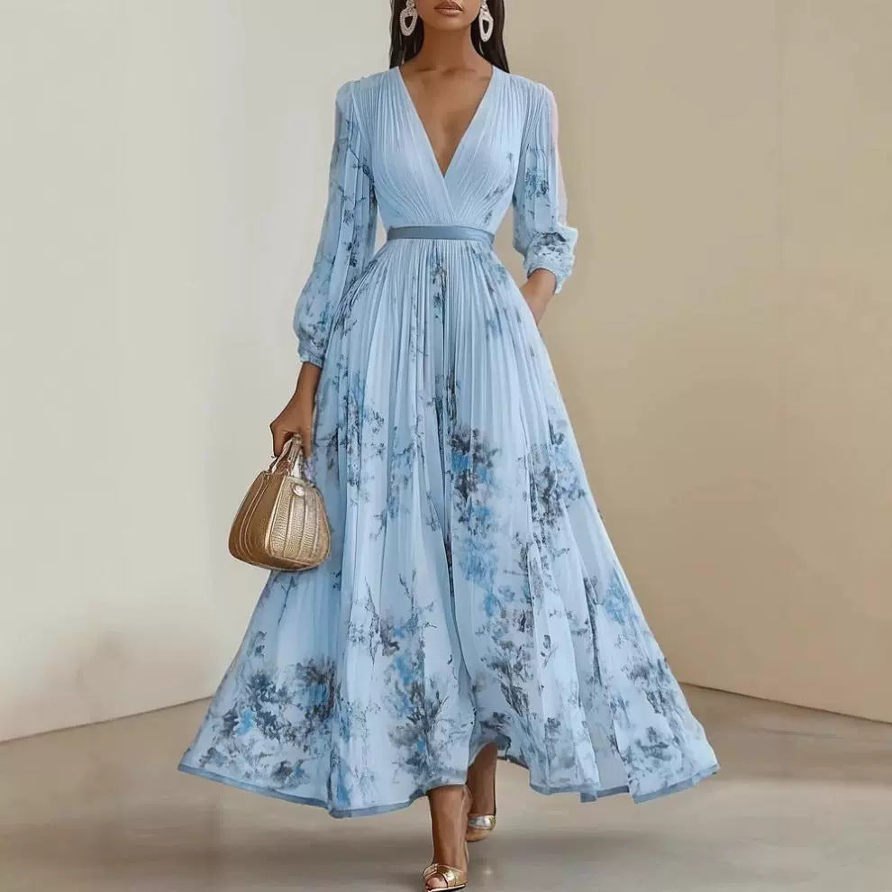Pauline | Damen Sommer Blumen Maxikleid mit V-Ausschnitt und Langarm