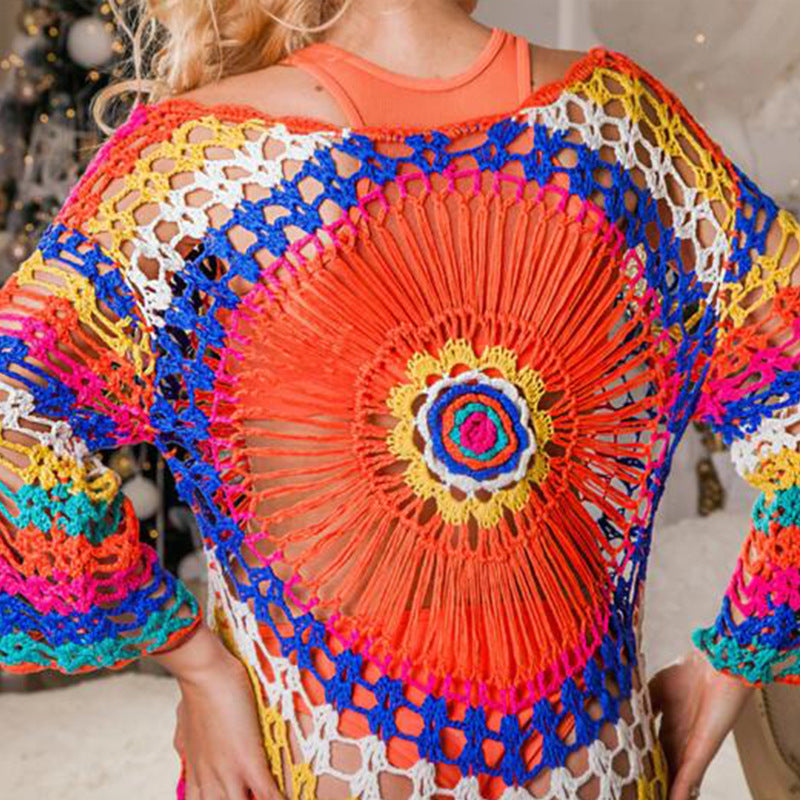 Damen Häkel-Strandüberwurf mit asymmetrischem Saum und buntem Muster Drune