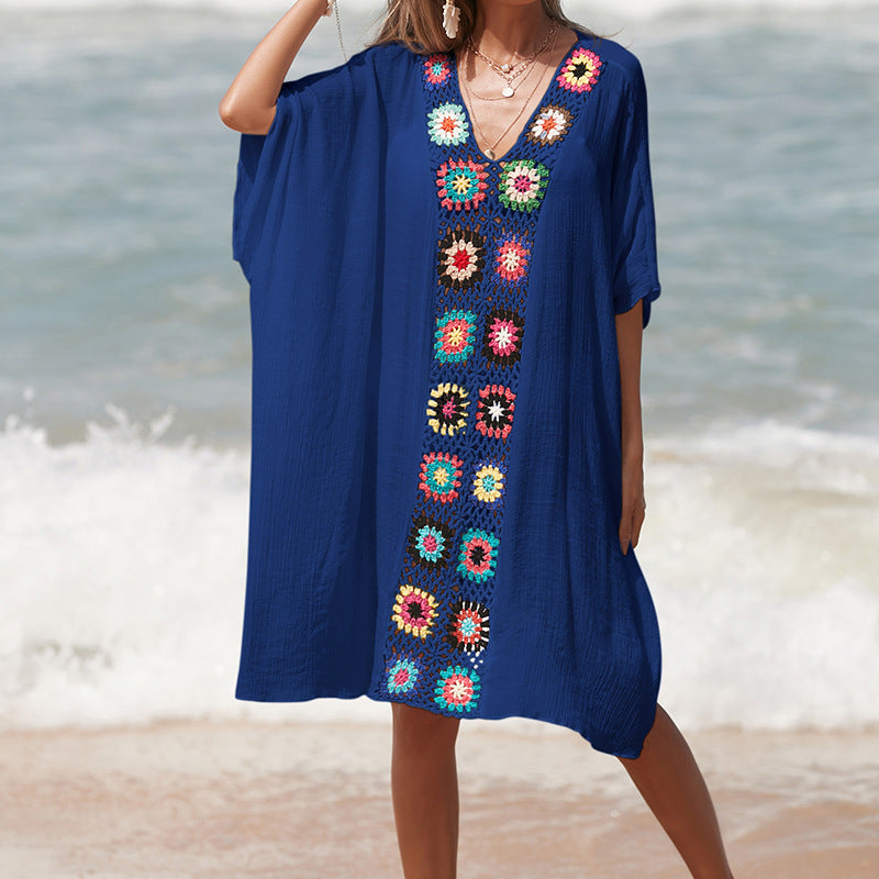 Damen Häkel-Strandtunika im lässigen Oversize-Stil mit bunten Applikationen Drune