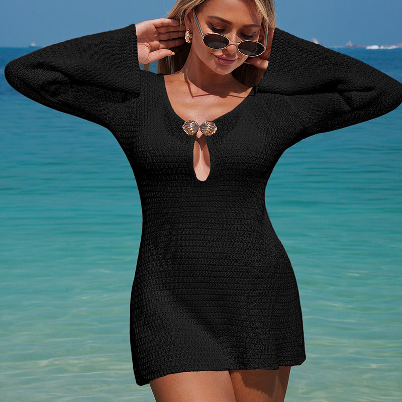 Damen Häkel-Strandkleid mit Schmetterlings-Ausschnitt und langen Ärmeln Drune