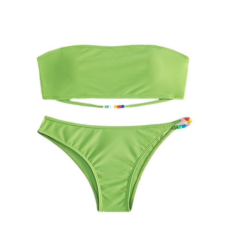 Damen Bandeau-Bikini-Set mit farbenfroher Schnürung und hohem Beinausschnitt Drune