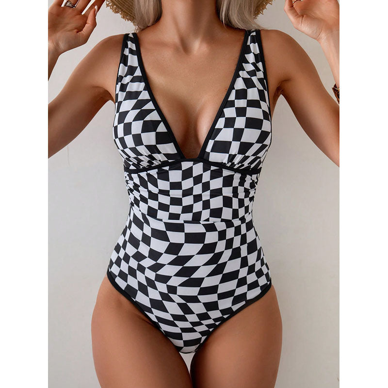 Damen Einteiler Badeanzug mit aufregendem Schachbrettmuster und figurbetonendem Design Drune