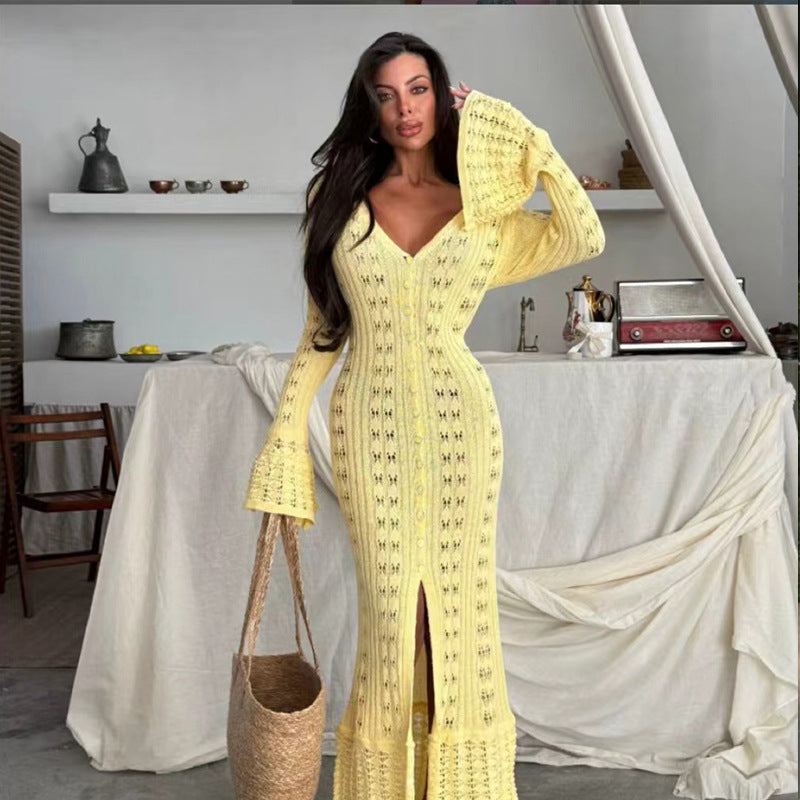 Damen Strickmaxikleid mit nostalgischem Lochmuster und elegantem V-Ausschnitt Drune