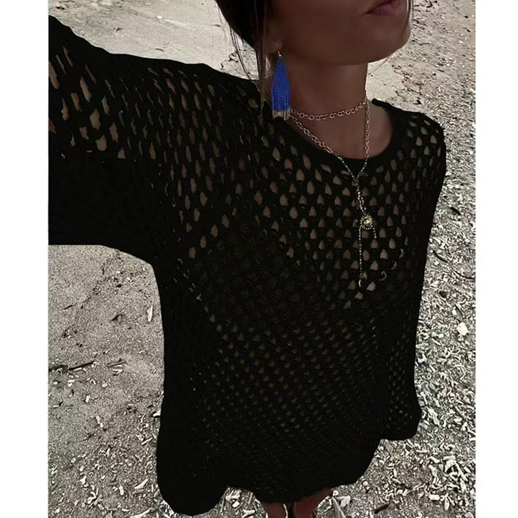 Damen luftiger Häkel-Strandüberwurf mit weiten Ärmeln und asymmetrischem Saum Drune