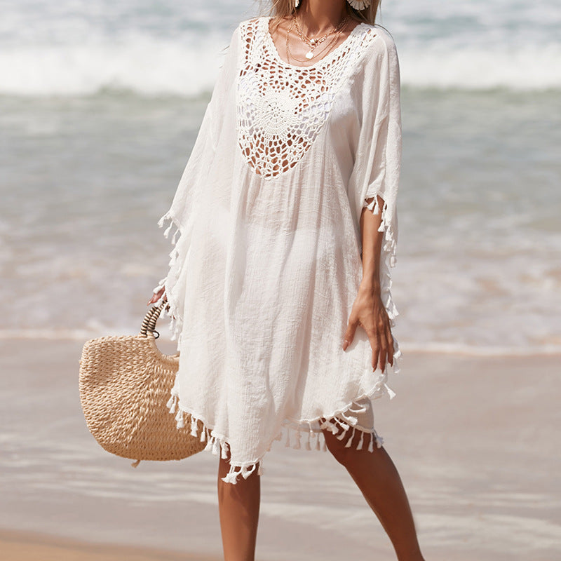 Damen Häkel-Strandüberwurf mit fransigem Saum und elegantem Lochmuster Drune