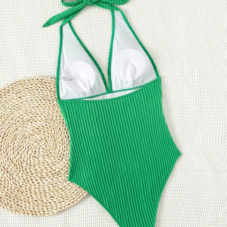 Damen Einteiler Badeanzug mit tiefem V-Ausschnitt und eleganten Rippendetails Drune
