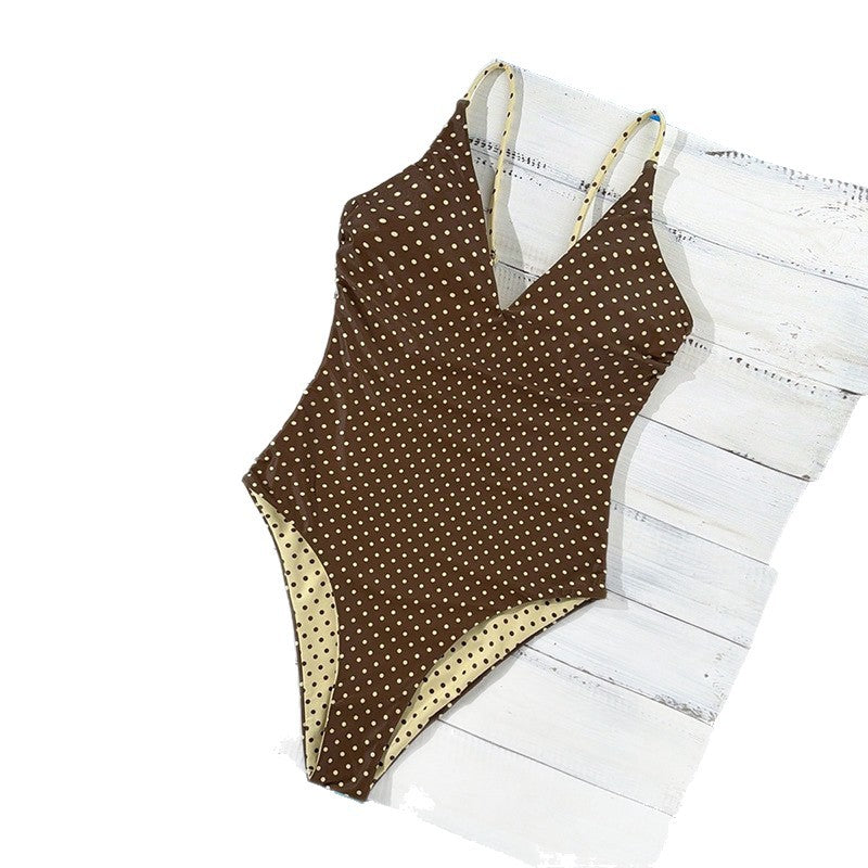 Damen Einteiler Badeanzug mit tiefem V-Ausschnitt und gepunktetem Design Drune