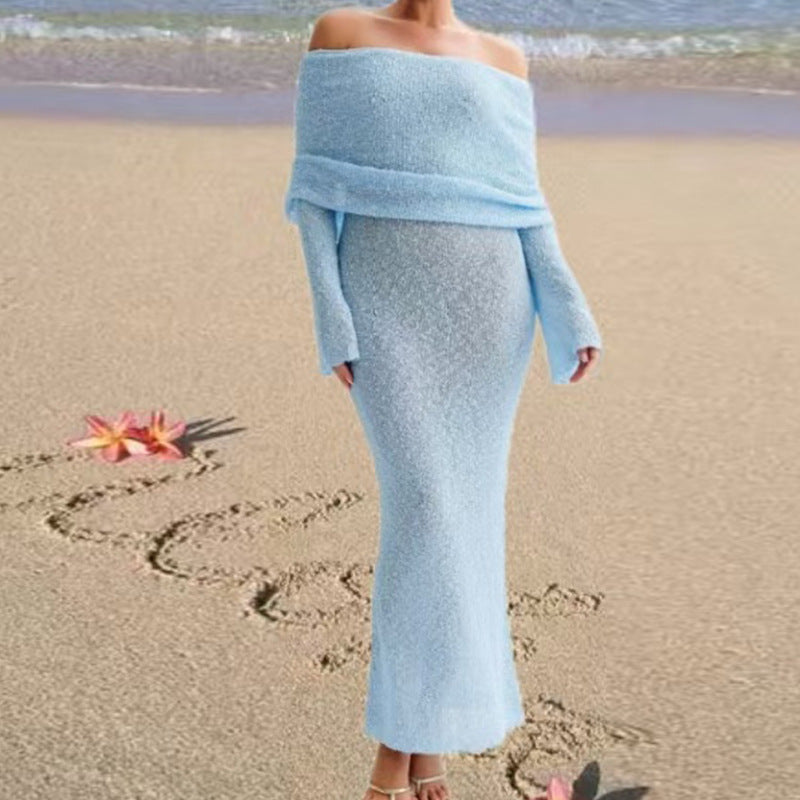 Damen Off-Shoulder Strickkleid mit langen Ärmeln und eleganter Silhouette Drune