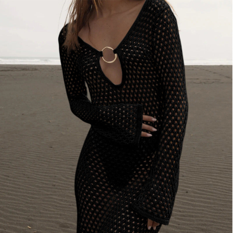 Damen Netzkleid mit tiefem V-Ausschnitt und modischem Ringdetails Drune