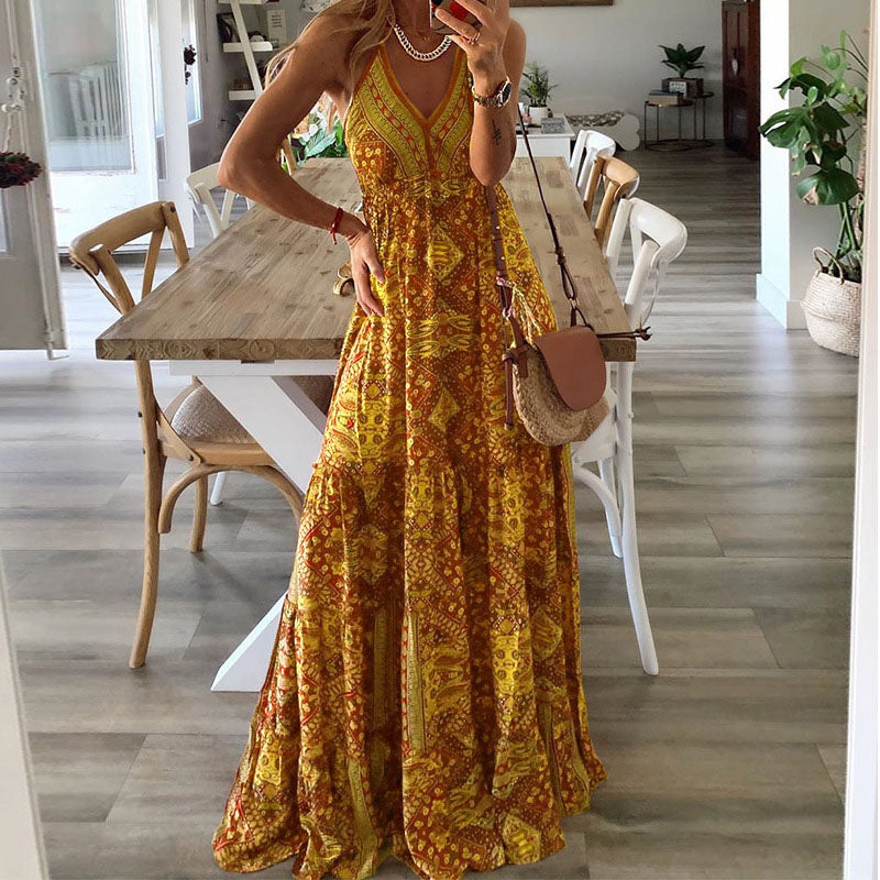 Damen Boho V-Ausschnitt Fließendes Maxi Kleid