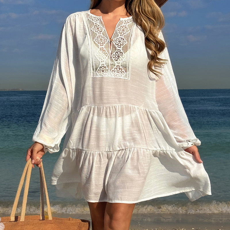 Damen luftiges Strandkleid mit Spitzenbesatz und Wasserfall-Saum Drune