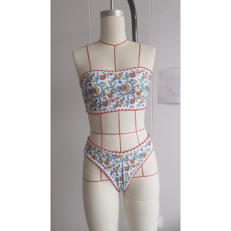 Damen Bandeau-Bikini mit floralem Muster und doppeltem Bortenabschluss Drune