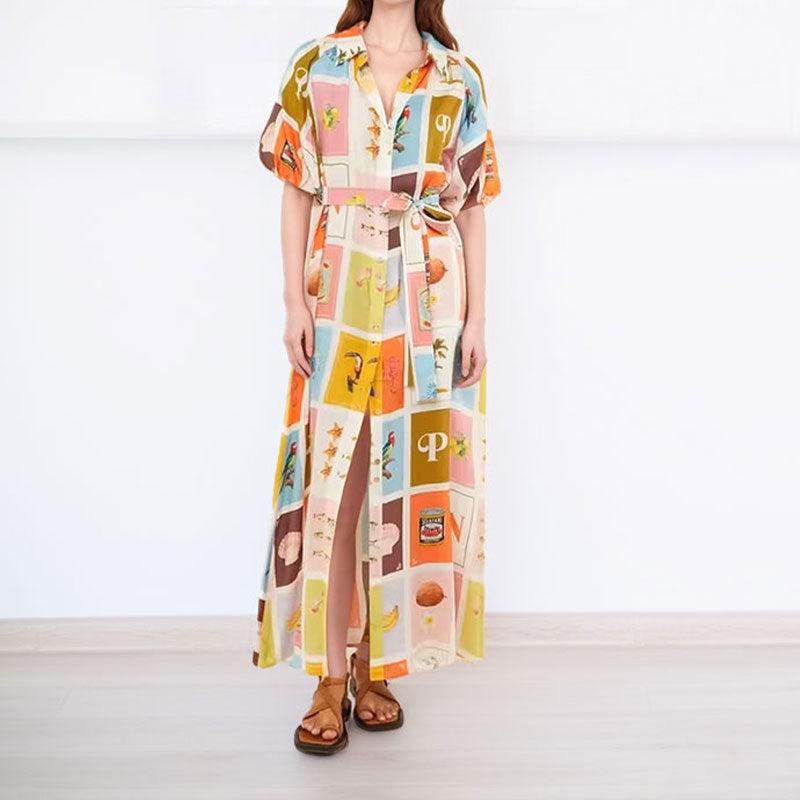 Damen Hemdblusenkleid mit farbenfrohem Print und taillierbarem Gürtel Drune