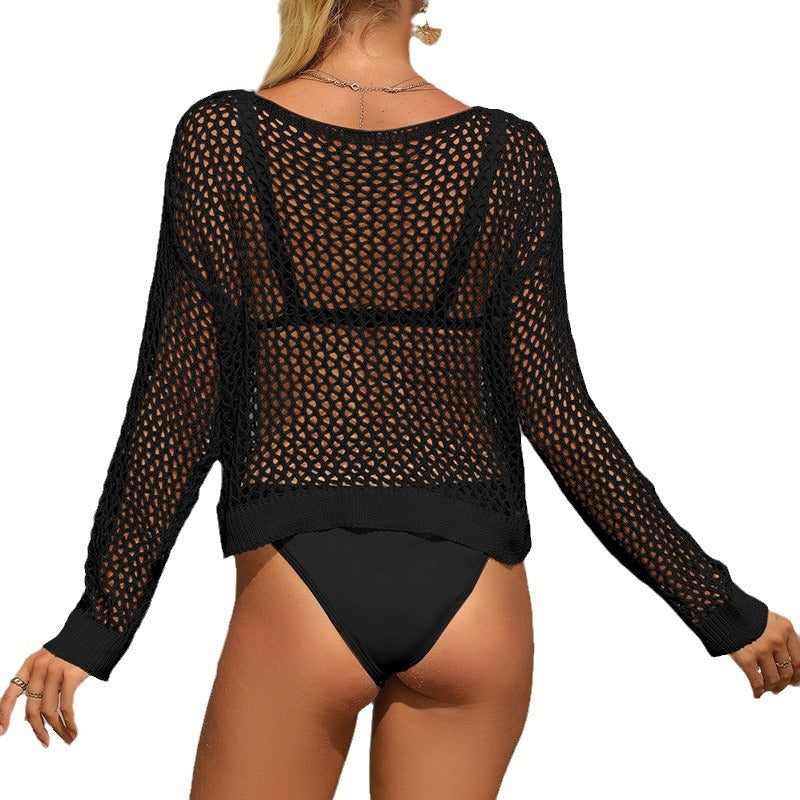Damen lässiger Häkel-Strandpullover mit weitem Schnitt und V-Ausschnitt Drune