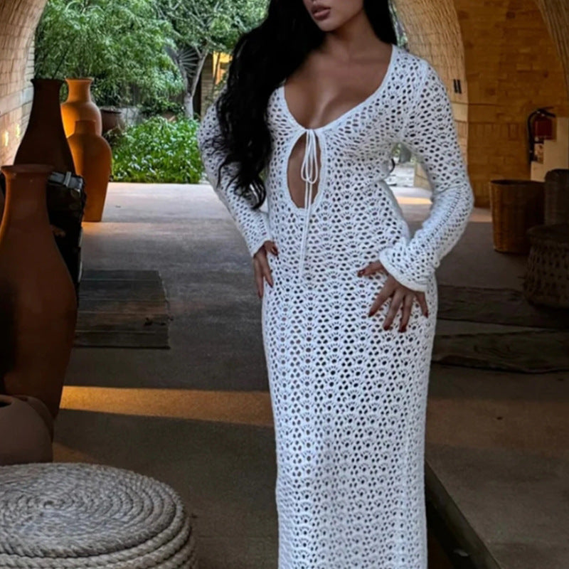 Damen luftiges Häkel-Strandkleid mit V-Ausschnitt und Schnüroptik Drune