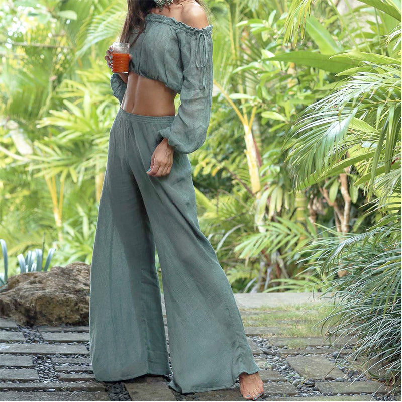 Damen Luftige Leinenhose mit breitem Beinausschnitt und elastischem Bund Drune