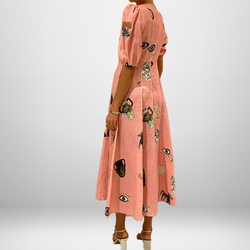 Damen Maxikleid mit künstlerischem Motiv und voluminösen Ärmeln Drune