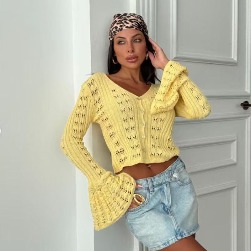 Damen Stylische Strickjacke mit V-Ausschnitt und Schlagärmeln Drune
