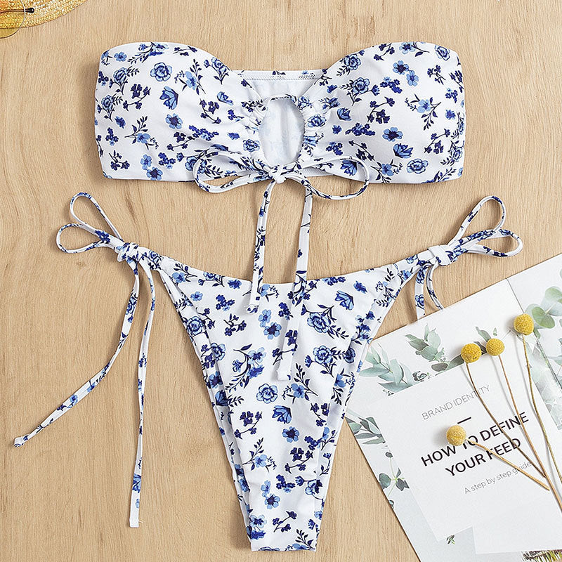 Damen Bandeau-Bikini mit floralem Cut-Out-Design und verstellbaren Trägern Drune