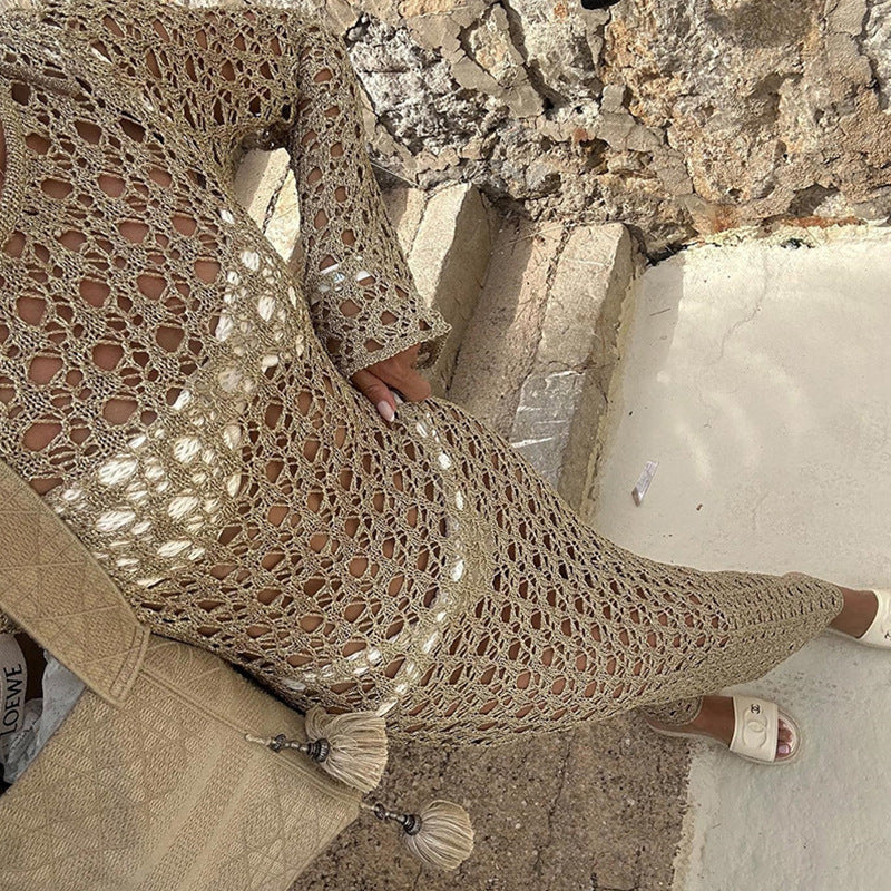 Damen Häkel-Strandkleid mit weiten Ärmeln und modernem Netzdesign Drune