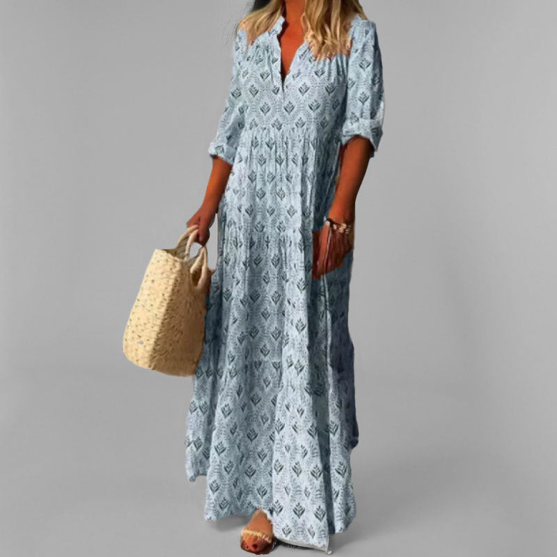 Damen Sommer  V-Ausschnitt 3/4 Ärmel Maxikleid