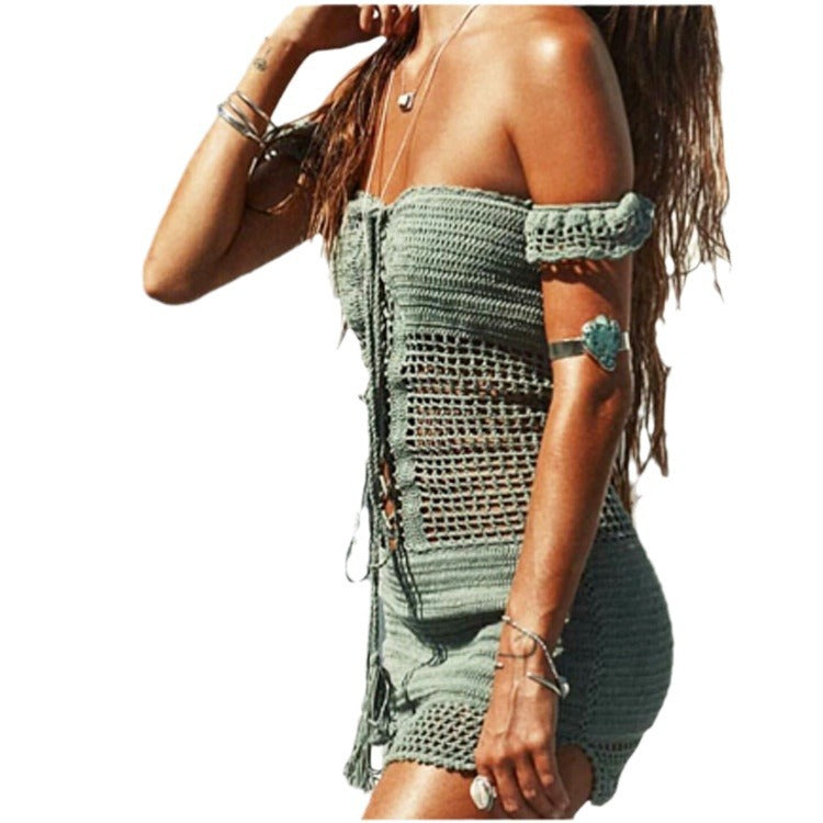 Damen Häkel-Strandkleid mit Off-Shoulder Design und verführerischem Rückenausschnitt Drune