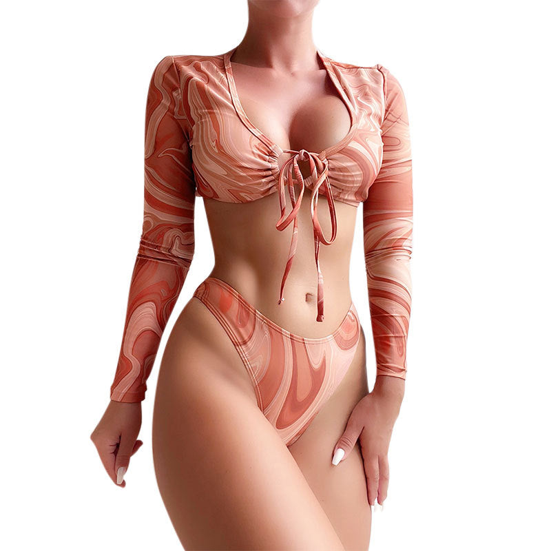Damen Bikini-Set mit langärmligem Oberteil und hoch geschnittenem Höschen Drune